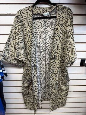 Sue Brett Abstract Geometric Open Front Kimono Cardigan Cover Up Pockets